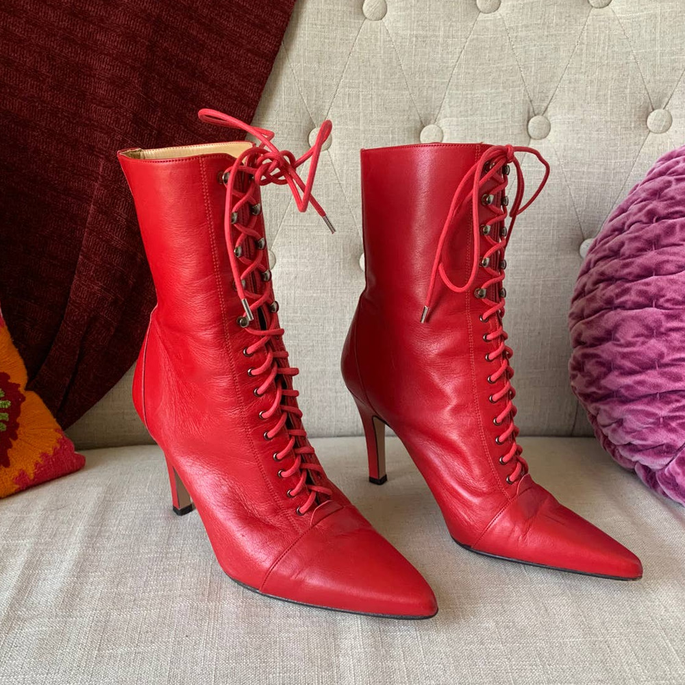 Witchy Vintage 80s 90s Red Leather Lace Up High Heels Boots 7.5 B Witch Shoes
